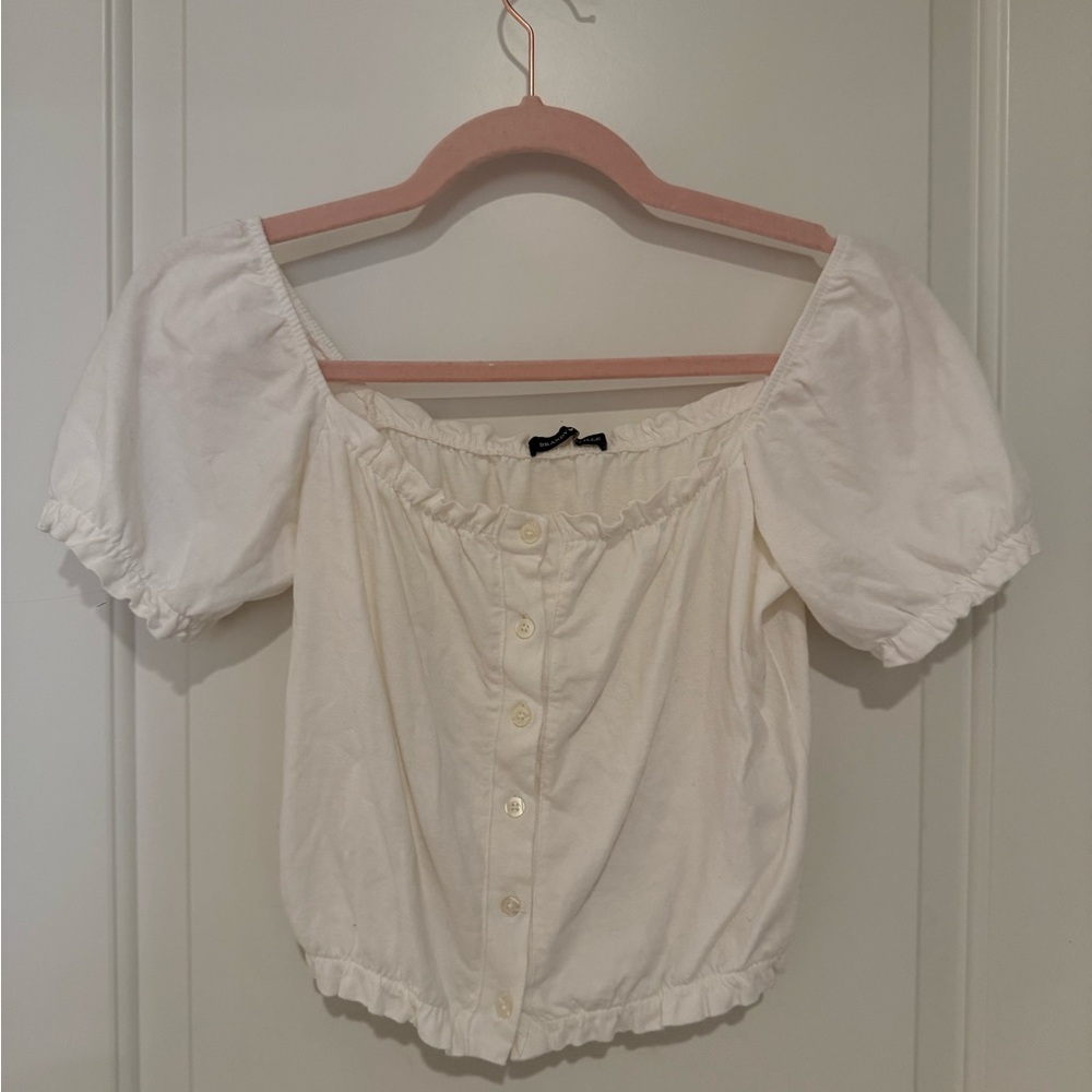 Brandy Melville White Button-Up Puff Sleeve Crop Top